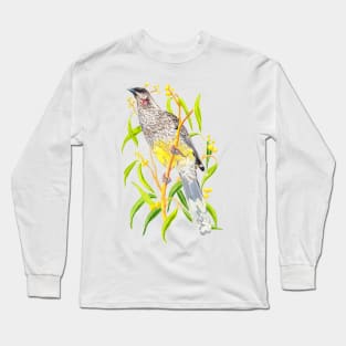 Red Wattlebird and yellow wattle flowers Long Sleeve T-Shirt